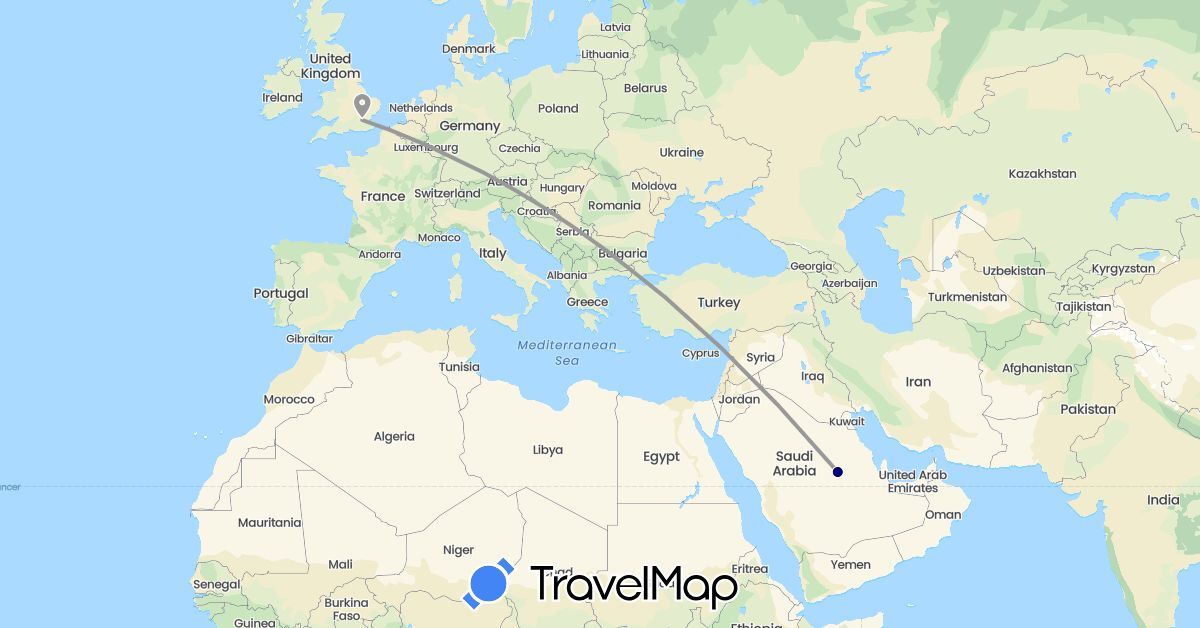 TravelMap itinerary: driving, plane in United Kingdom, Saudi Arabia (Asia, Europe)